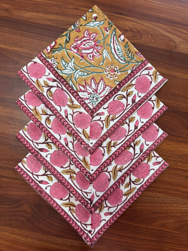Biscotti Yellow Indian Floral Size 20x20" Hand Block Printed Cotton Cloth Napkins