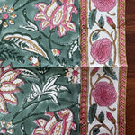 Viridian Green Indian Floral Hand Block Printed Size 20x20" Cotton Cloth Napkins