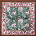 Viridian Green Indian Floral Hand Block Printed Size 20x20" Cotton Cloth Napkins
