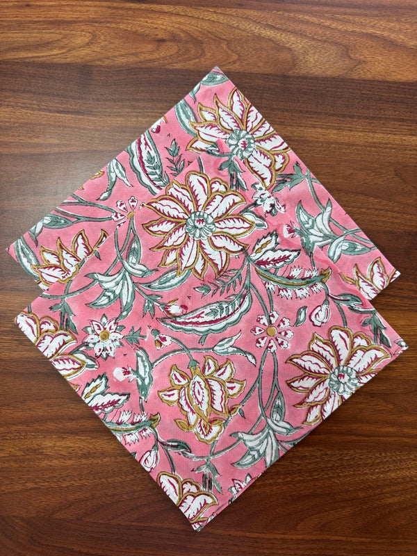 FABRICSG Candy Pink Indian Floral Hand Block Printed Cotton Cloth Napkins for Wedding Event Home Decor Party Room Decor Side Table Room Decor Gifts, Valentine's day, Spring, Easter