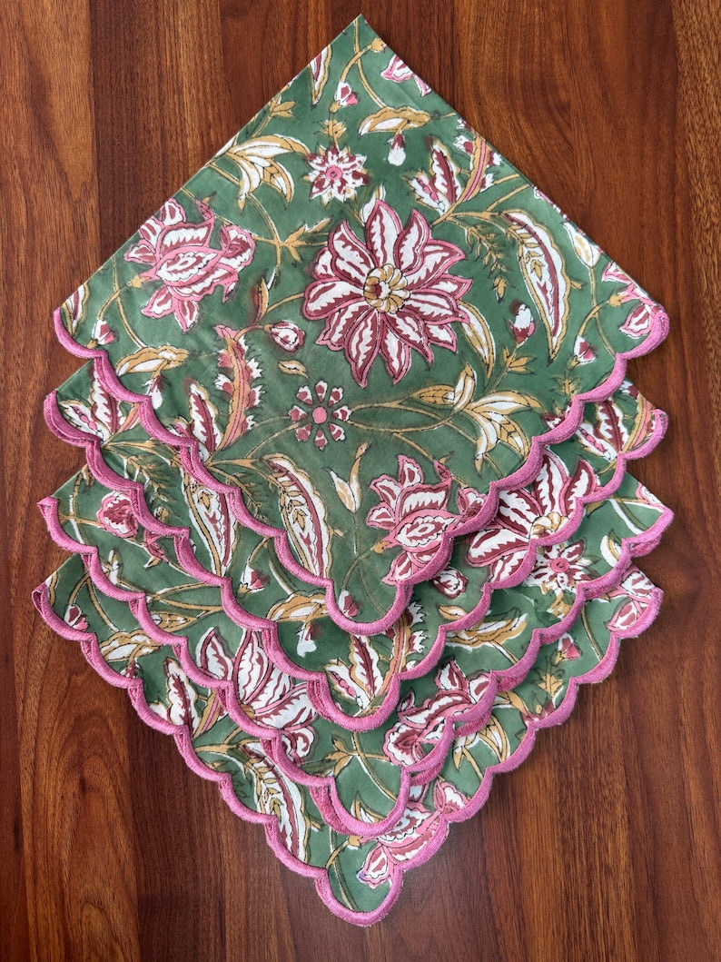 Viridian Green Scallop Embroidery Napkins