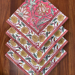 Candy Pink Indian Floral Hand Block Printed Pure Cotton Border Napkins Size 20x20"