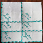 White Linen Napkins with Embroidery Quotes