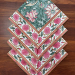 Viridian Green Indian Floral Hand Block Printed Size 20x20" Cotton Cloth Napkins