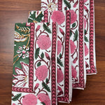 Hunter Green Indian Floral Hand Block Printed Cotton Napkins Size 20x20"