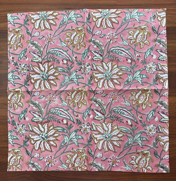FABRICSG Candy Pink Indian Floral Hand Block Printed Cotton Cloth Napkins for Wedding Event Home Decor Party Room Decor Side Table Room Decor Gifts, Valentine's day, Spring, Easter