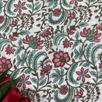 Tulip Pink, Mint Green Hand-Block Printed Cotton Cloth