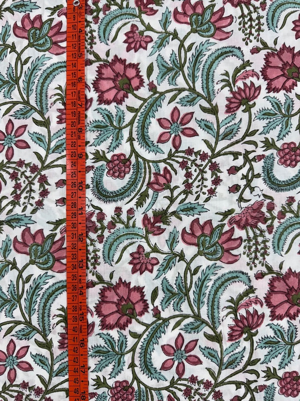 Tulip Pink, Mint Green Hand-Block Printed Cotton Cloth