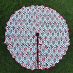 FABRICSG Tree Skirt, Indian Floral Hand Block Printed Piping Scallops Cotton Cloth Christmas Tree Skirt, Farmhouse Home Christmas Decor Holiday Decor