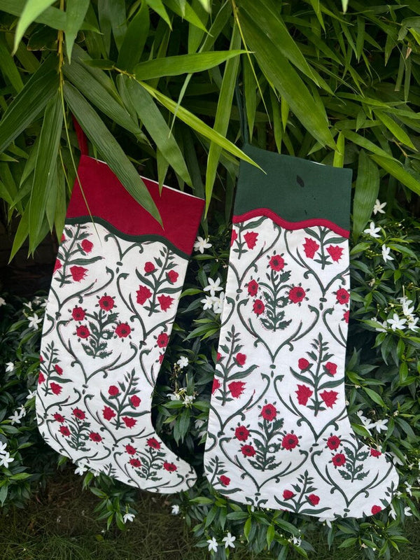 FABRICSG Ruby Red Indian Floral Hand Block Printed Cotton Cloth Christmas Stocking, Christmas Decor, Handmade Decor, Set of 2,4,6,8,10, BOHO, Gifts