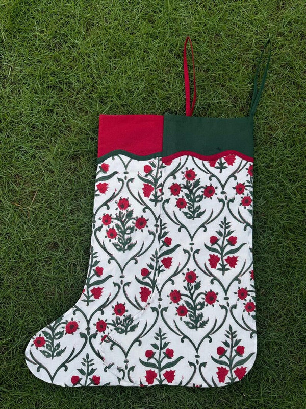 FABRICSG Ruby Red Indian Floral Hand Block Printed Cotton Cloth Christmas Stocking, Christmas Decor, Handmade Decor, Set of 2,4,6,8,10, BOHO, Gifts