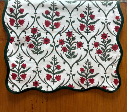 Ruby Red and Emerald Green Scallop Piping Table Runner