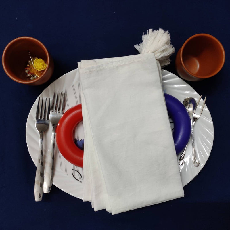 6 White Cotton Napkin with sewn edges Tassel, Block Printed Pocket Bandana Face Mask, 20 X 20 inches