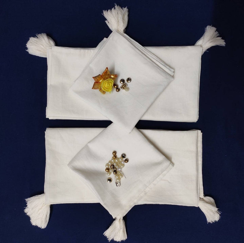 6 White Cotton Napkin with sewn edges Tassel, Block Printed Pocket Bandana Face Mask, 20 X 20 inches