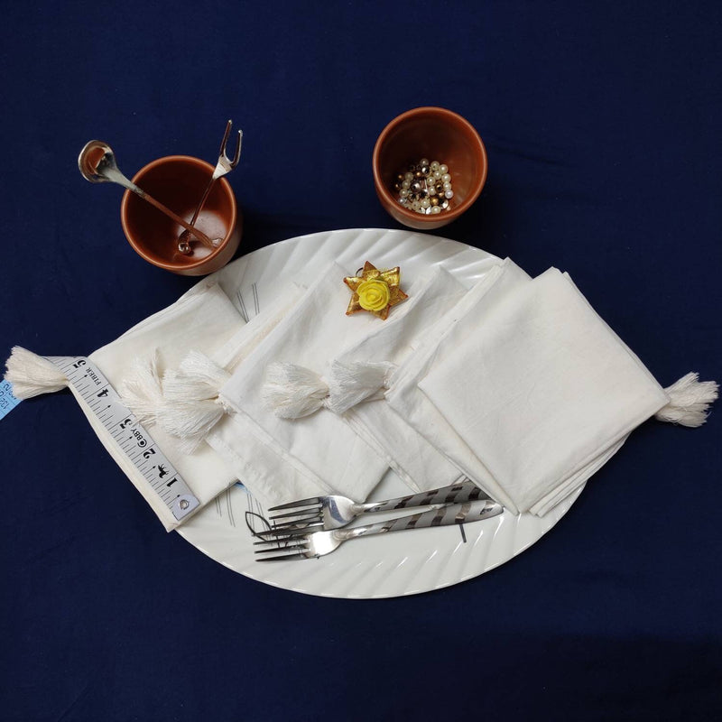 6 White Cotton Napkin with sewn edges Tassel, Block Printed Pocket Bandana Face Mask, 20 X 20 inches