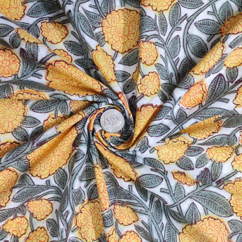 Marigold Hand Block Print Fabric, 100% Cotton Quilting Fabric by the Yard, Quilt Fabric by Yard, Floral Fabric, Quilt Fabric Mask
