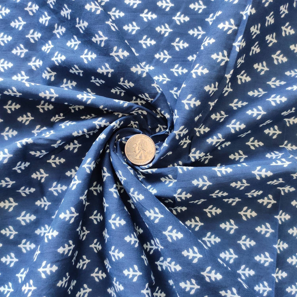 By The Yard Indigo Blue Fabric, Indian Cotton Fabric, Natural Dyed Block Printed Fabric, Leaf Print Summer Dress Cotton Fabric