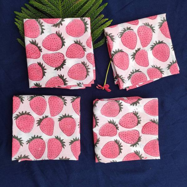 Strawberry Printed cotton Napkins, Set of 4 - indian napkins ,Variety Housewarming Gift for Family, Hand Block, 20 X 20 inches
