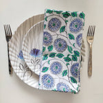 Designer Cotton Napkins, Set of 4, Colourful Blue Flowers on White Fabric, Print by Hand Block, Sustainable Cloth Napkins