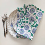 Designer Cotton Napkins, Set of 4, Colourful Blue Flowers on White Fabric, Print by Hand Block, Sustainable Cloth Napkins