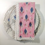 Block Print Napkin with Border Lace, Designer Cotton Napkins, Set of 4, Colourful Print by Hand Block,Sustainable Cloth Napkins