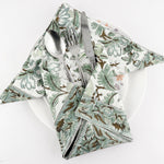 Sage and Olive Green Parrot and Leaves Hand Block Printed Border Size 20x20" Cotton Cloth Dinner Napkins