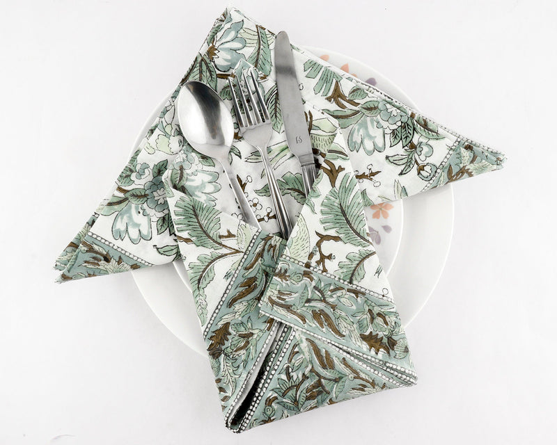 Sage and Olive Green Parrot and Leaves Hand Block Printed Border Size 20x20" Cotton Cloth Dinner Napkins