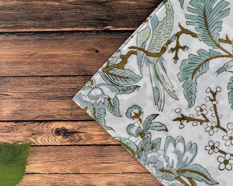 Sage and Olive Green Parrot and Leaves Hand Block Printed Border Size 20x20" Cotton Cloth Dinner Napkins
