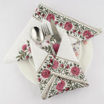 FABRICSG Ballet Slipper Pink And Sage Green India Block Print White Cotton Cloth Fabric Napkins Housewarming Gift, Gift for Her, Valentine's day, Spring, Easter