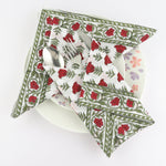 Apple and Cherry Red, Olive Green Floral Hand Block Printed Cotton Size-20x20" Napkins
