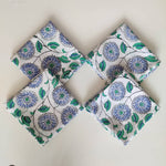 Designer Cotton Napkins, Set of 4, Colourful Blue Flowers on White Fabric, Print by Hand Block, Sustainable Cloth Napkins