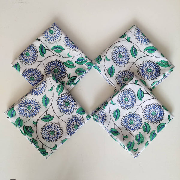 Designer Cotton Napkins, Set of 4, Colourful Blue Flowers on White Fabric, Print by Hand Block, Sustainable Cloth Napkins