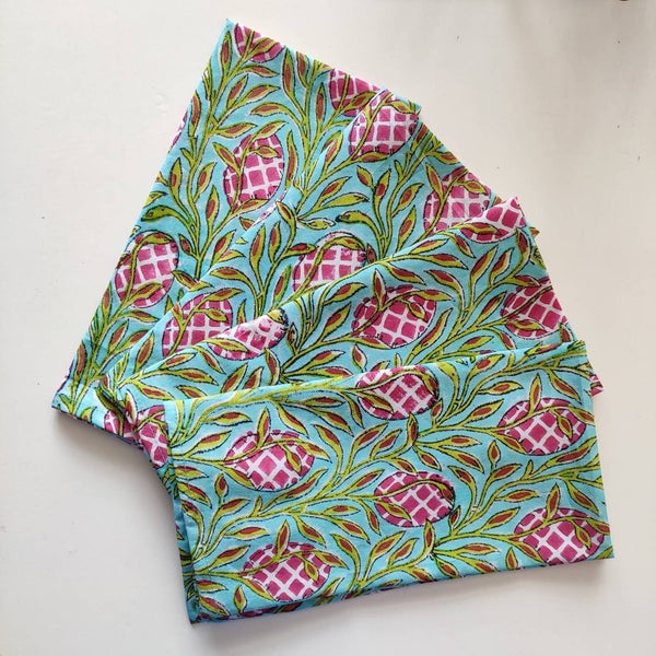 Indian Set Of 4 pc Handblock Printed Soft Cotton Napkin's Dining Table Linen/ Home Decor / Cloth Napkins Green Color Floral Design