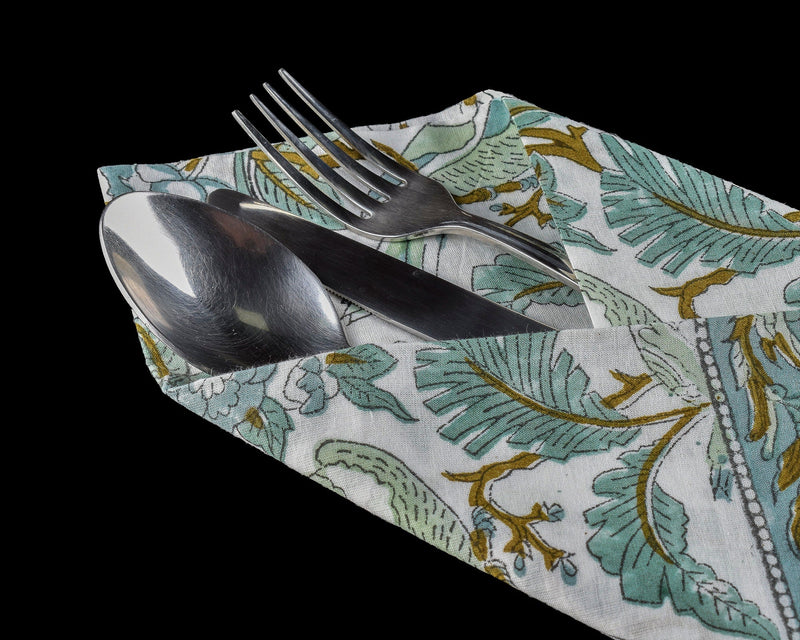 Sage and Olive Green Parrot and Leaves Hand Block Printed Border Size 20x20" Cotton Cloth Dinner Napkins