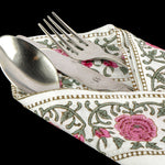 FABRICSG Ballet Slipper Pink And Sage Green India Block Print White Cotton Cloth Fabric Napkins Housewarming Gift, Gift for Her, Valentine's day, Spring, Easter