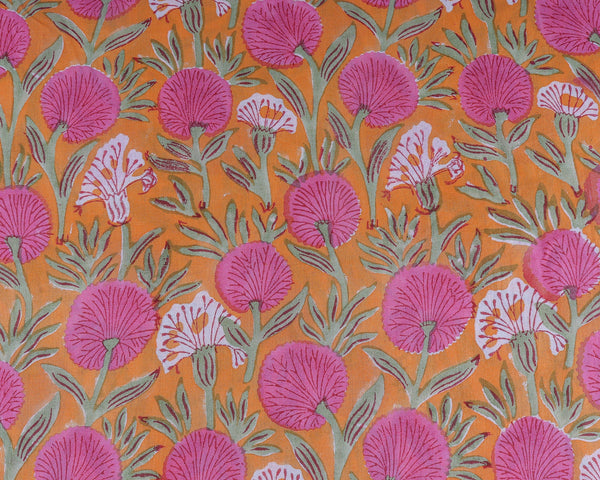 Tangerine Orange and Bubblegum Pink Hand-Block Printed Cotton Cloth