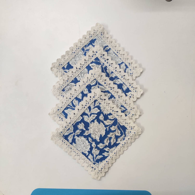 Block printed Coaster Set, custom Coasters with Lace, Gift, Cats, Dining, Crocheted Coasters, Coffee, Tea, Kitchen, Home Decor