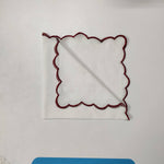 White linen cloth scallop napkins with embroidered trim for table decor 18''x18'' size set of 4