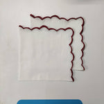 White linen cloth scallop napkins with embroidered trim for table decor 18''x18'' size set of 4