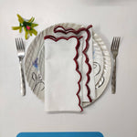 White linen cloth scallop napkins with embroidered trim for table decor 18''x18'' size set of 4