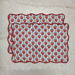 Red floral 4 Napkins and 2 Cotton Table quilted wave piped Placemats , Indian Vintage Handmade Floral Hand Block Printed Set