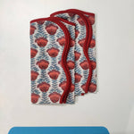 Red floral 4 Napkins and 2 Cotton Table quilted wave piped Placemats , Indian Vintage Handmade Floral Hand Block Printed Set