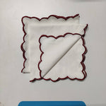 White linen cloth scallop napkins with embroidered trim for table decor 18''x18'' size set of 4