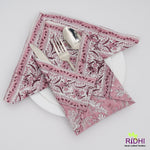 Solid Pink and White Indian Hand Block Floral Printed Border 100% Cotton Dinner Napkins, size-20x20"
