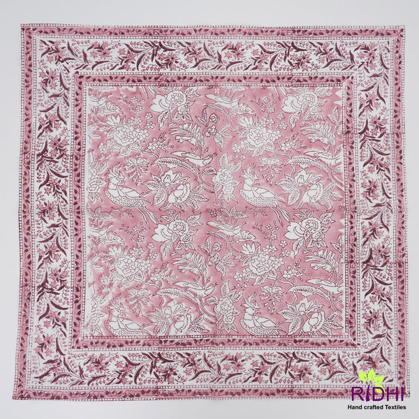 Solid Pink and White Indian Hand Block Floral Printed Border 100% Cotton Dinner Napkins, size-20x20"