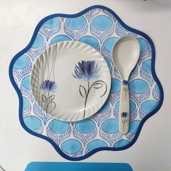 Denim Blue Flower Placemat, 'Block Print' fabric table mat easy care, machine washable rustic kitchen decor dining mat