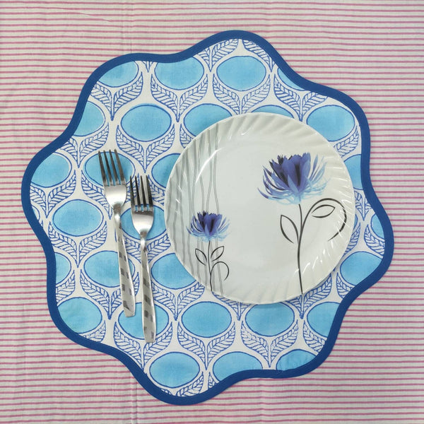 Denim Blue Flower Placemat, 'Block Print' fabric table mat easy care, machine washable rustic kitchen decor dining mat