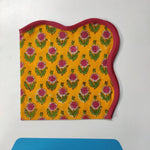 Piping wave scallop napkin, Cotton Napkins, Set of 4,Pink Flowers on yellow Fabric, Print by Hand Block,Sustainable Cloth Napkins