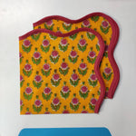 Piping wave scallop napkin, Cotton Napkins, Set of 4,Pink Flowers on yellow Fabric, Print by Hand Block,Sustainable Cloth Napkins