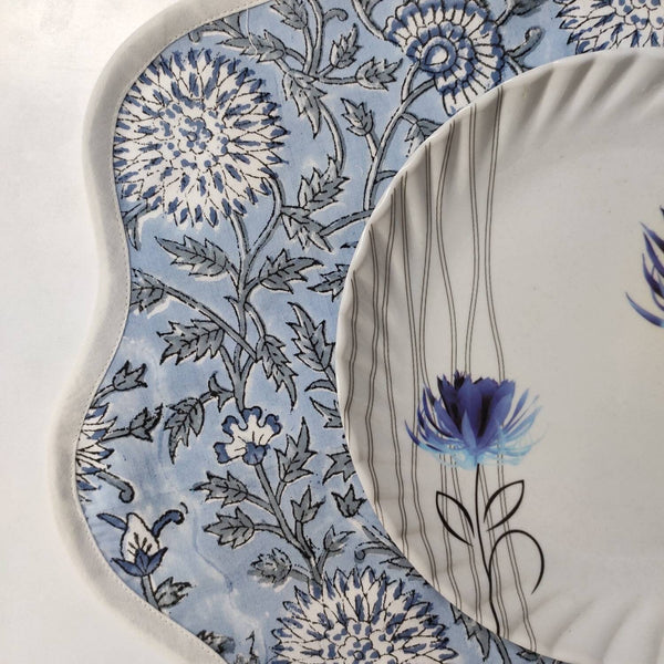 Table Mat Blue and White India Block Print Quilted, Piping Placemats, Scallop ,Set of 2 housewarming gift, Coffee Table Decorwave